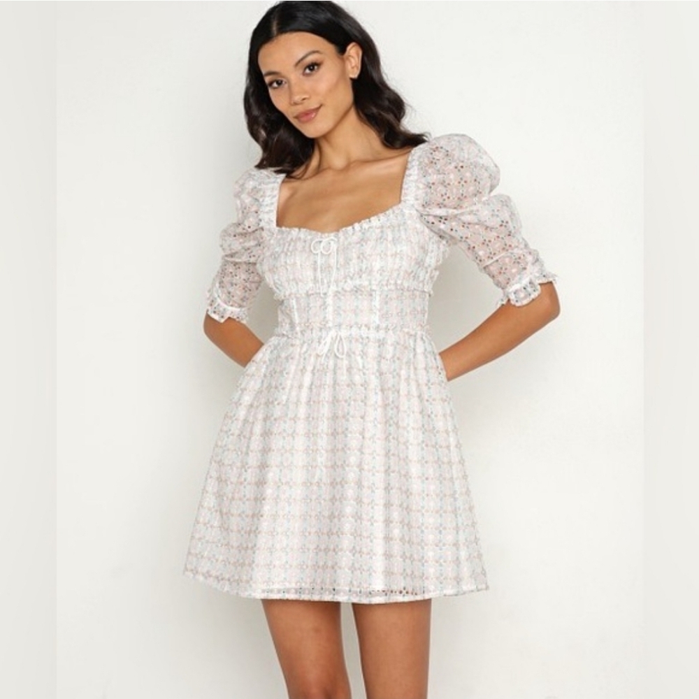 NWT For Love & Lemons Libby White Eyelet Coquette Mini Dress Medium Cottagecore